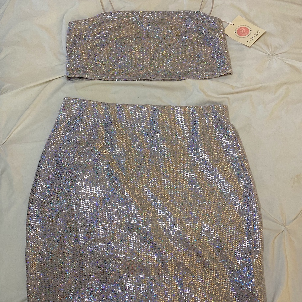 2 piece set: Sparkle/Holographic Crop top and skirt (Size L & XL)